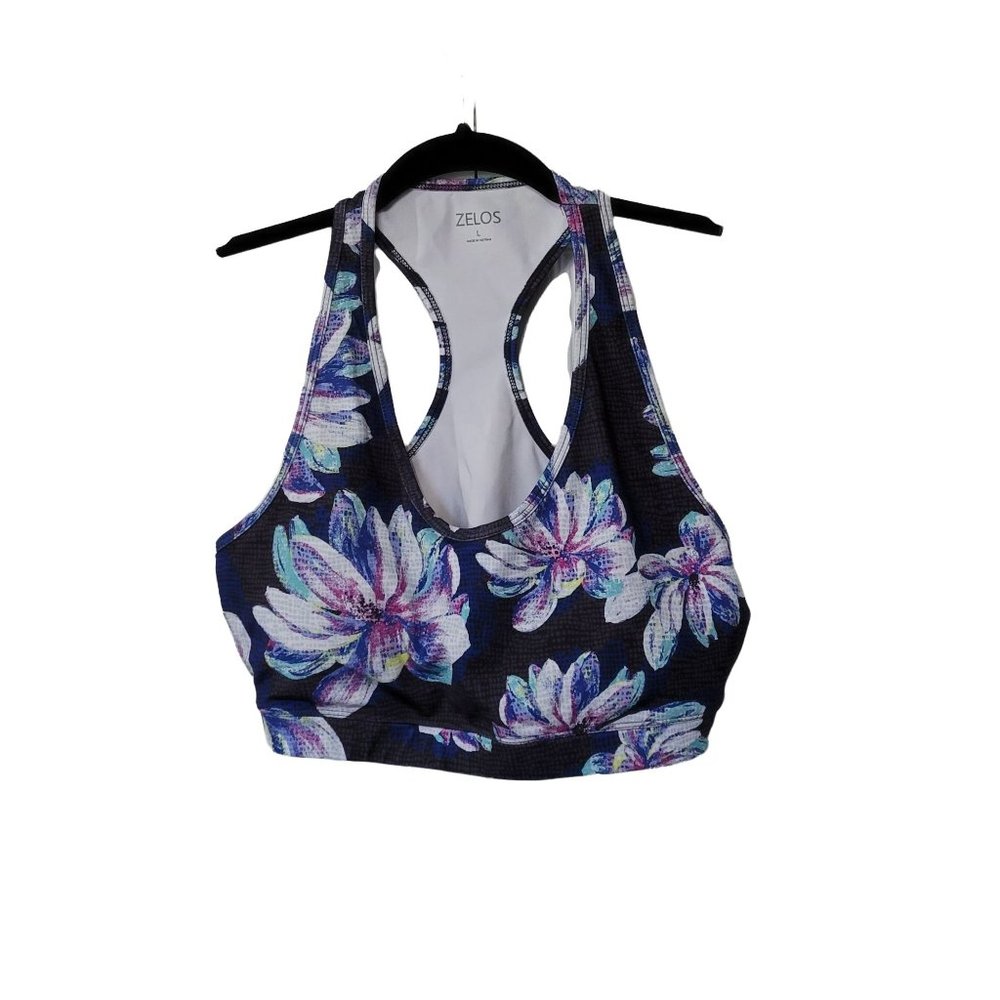 Zelos blue and black floral razorback padded sports bra woman's large 1188